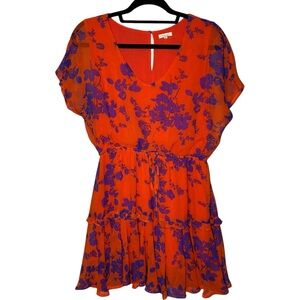 Jodifl Women's Medium Floral Tiered Cap‎ Sleeve Mini Dress Ruffles V Neck